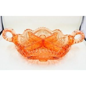 Imperial Pressed Glass Crystal Divided Relish Dish Two Handle Sawtooth Edge